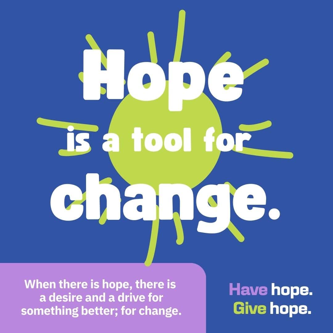 White and green text says, “Hope is a tool for change,” over a green sun shape on a blue background. Bottom text reads, “When there is hope, there is a desire and a drive for something better; for change.”.