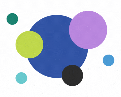 Seven solid-colored circles of varying sizes and colors (blue, purple, green, black, teal, cyan, and light blue) overlap and intersect on a white background, creating a simple abstract design.