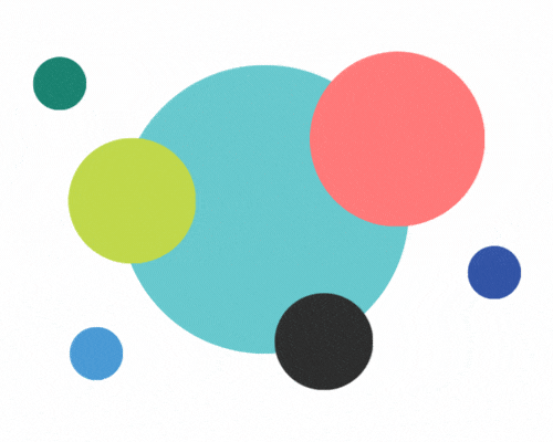 Animated image of colorful circles of various sizes overlapping and moving around a large light blue central circle. Other circles are pink, green, black, dark green, blue, and navy, all on a white background.