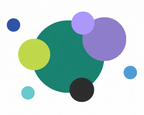 A group of overlapping, colorful circles of different sizes on a white background. The circles are blue, green, purple, yellow-green, black, and aqua, arranged in a playful and abstract composition.