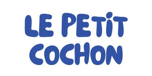 Blue, rounded letters spell LE PETIT COCHON on a white background.
