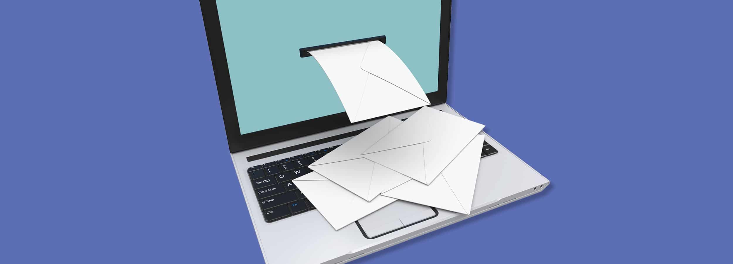 A laptop with white envelopes coming out of its screen slot, as if the computer is delivering physical mail, set against a solid blue background.