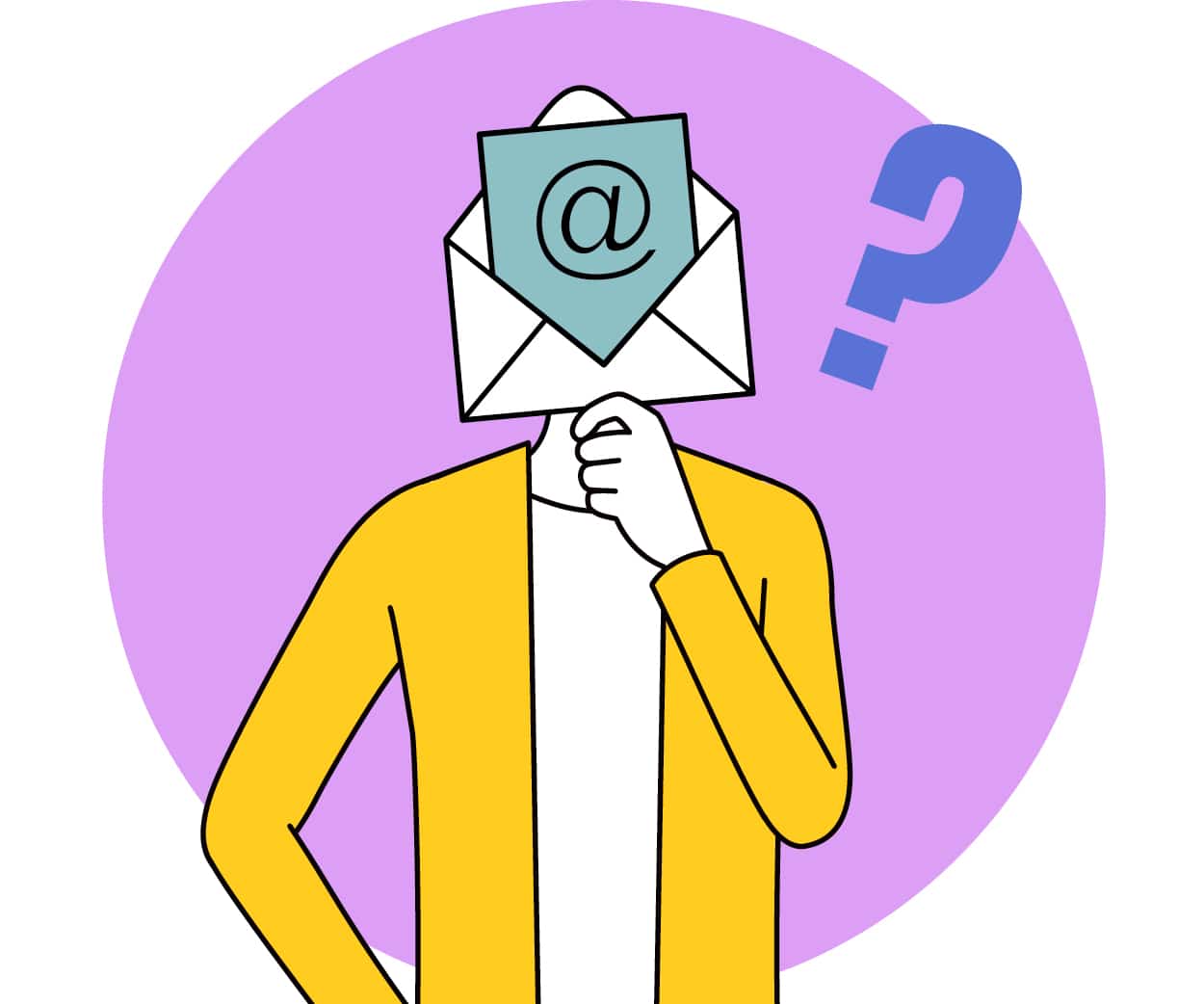 Illustration of a person with an envelope containing an @ symbol as a head, wearing a yellow jacket, holding their chin thoughtfully, with a large question mark next to them on a purple background.