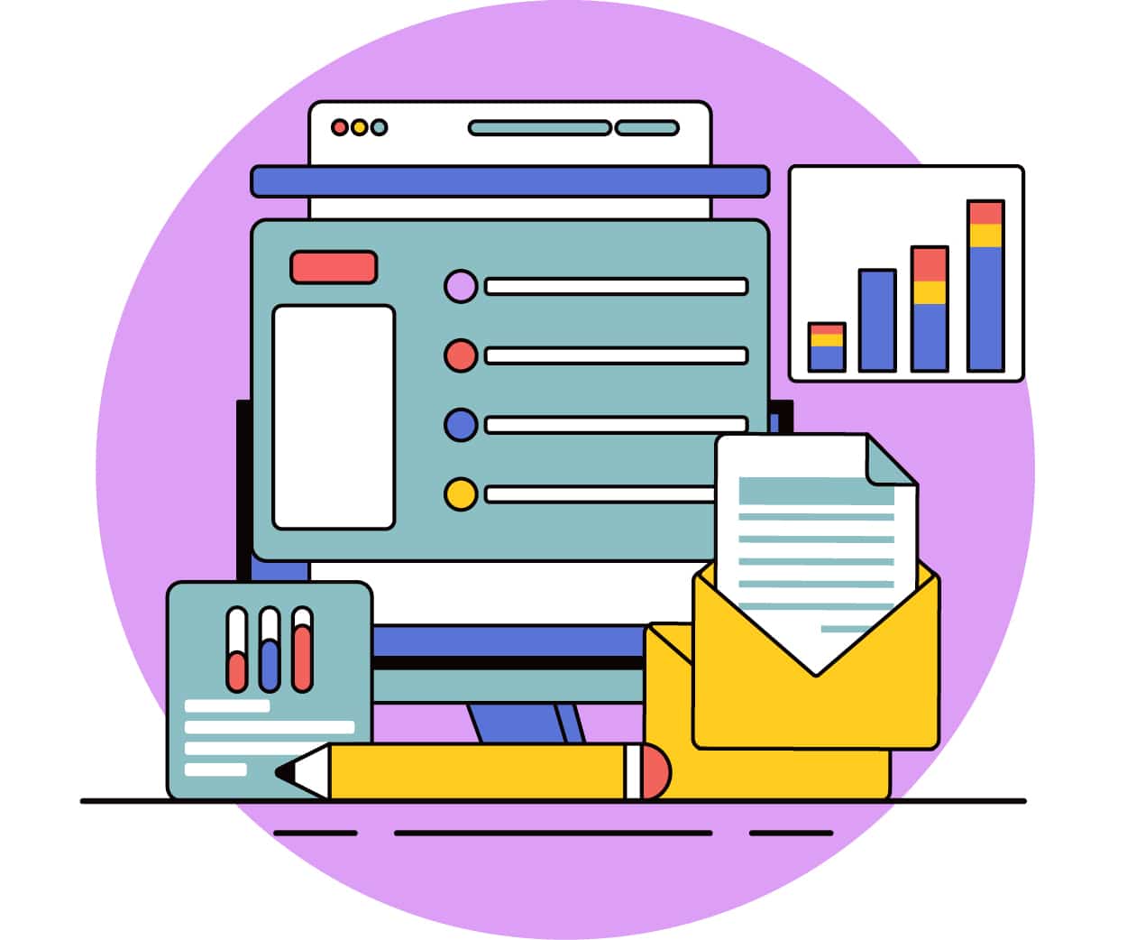 Illustration of a computer monitor displaying charts and lists, surrounded by bar graphs, a pencil, a letter in an envelope, and a document, all set against a purple circular background.