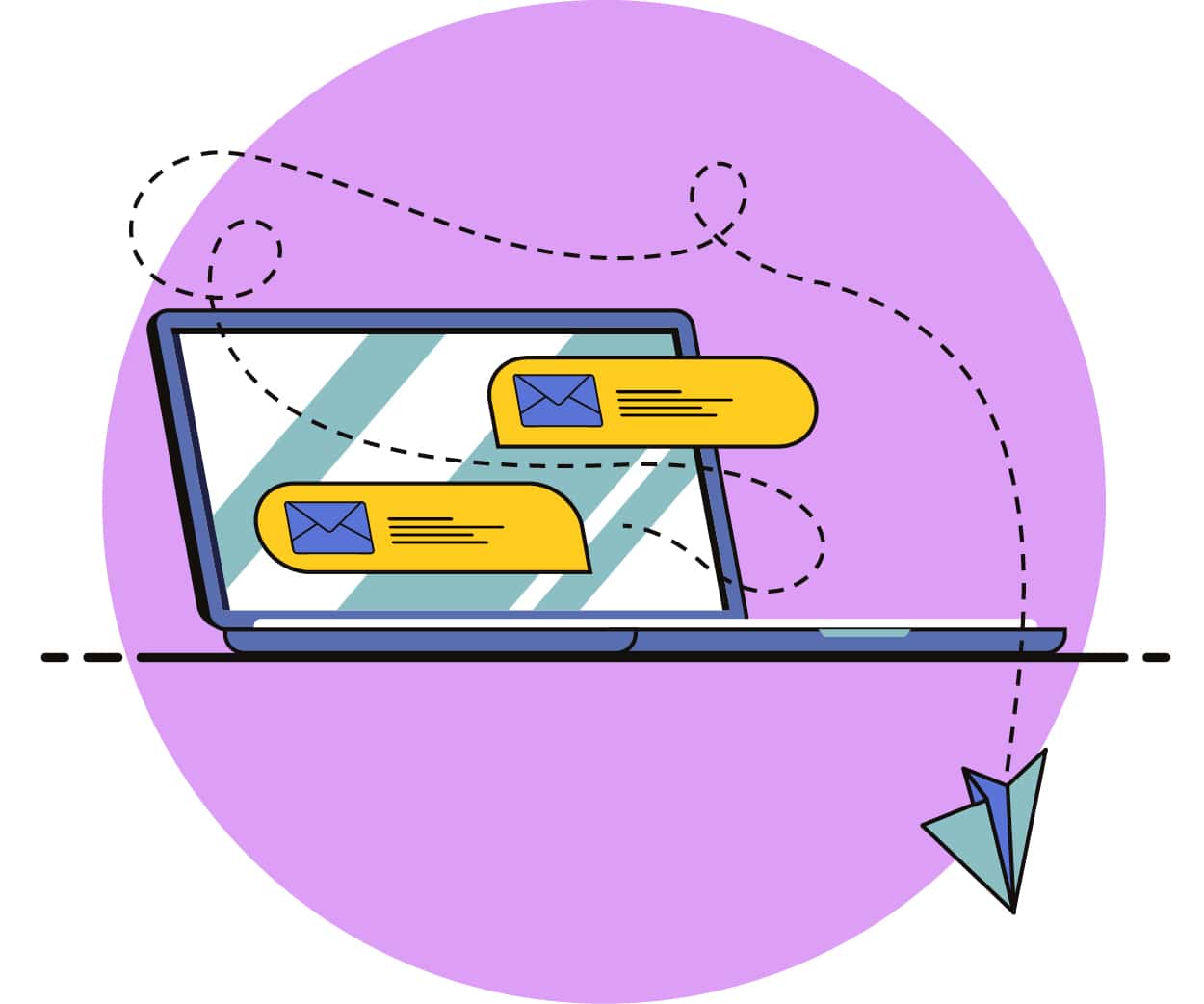 Illustration of a laptop with two yellow email notifications and a paper airplane flying around, set against a purple oval background. Dotted lines trace the airplanes path, symbolizing digital communication.