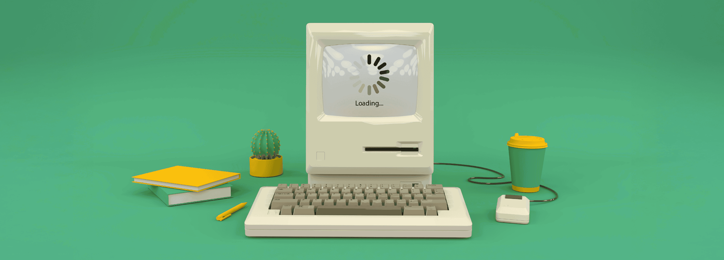 A vintage beige computer with a Loading... screen sits on a green desk, surrounded by notebooks, a pen, a small cactus, a computer mouse, and a coffee cup, all against a green background.