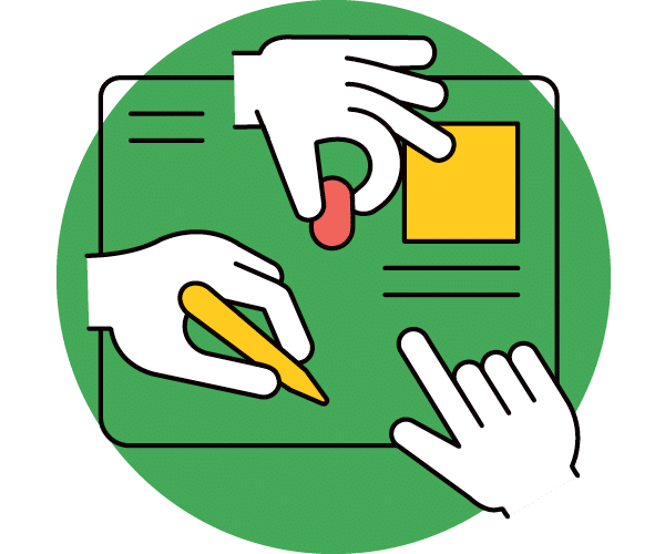 Illustration of three hands collaborating on a project: one hand holding a pencil, another placing a red oval shape, and the third pointing at the green workspace with a yellow square and lines.