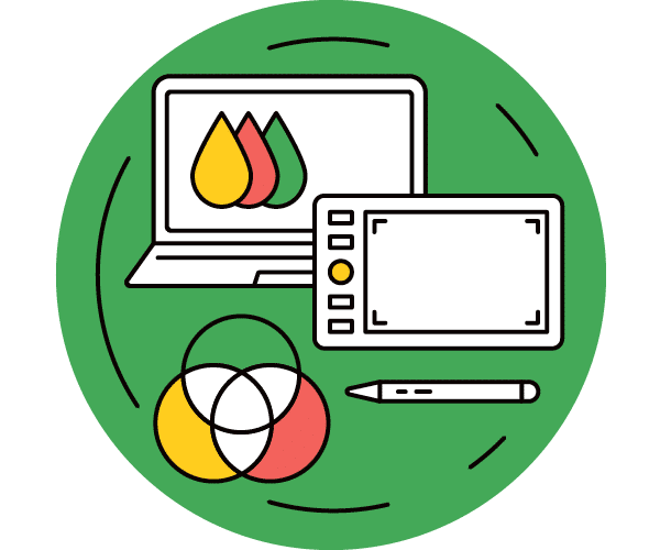 Illustration of a laptop with color droplets on the screen, a graphics tablet with a pen, and a Venn diagram with yellow, red, and white circles, all inside a green circle background.