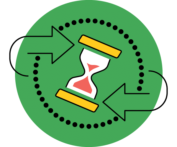 An illustration of an hourglass with red sand in a green circle, surrounded by two black arrows forming a circular motion, representing the concept of time or repetition.