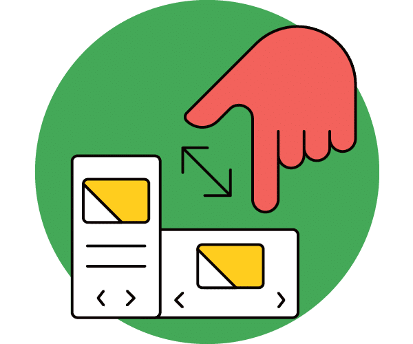 A large red hand points to two rectangular cards, one vertical and one horizontal, with arrows between them, suggesting dragging or swapping cards. The background is a green circle.