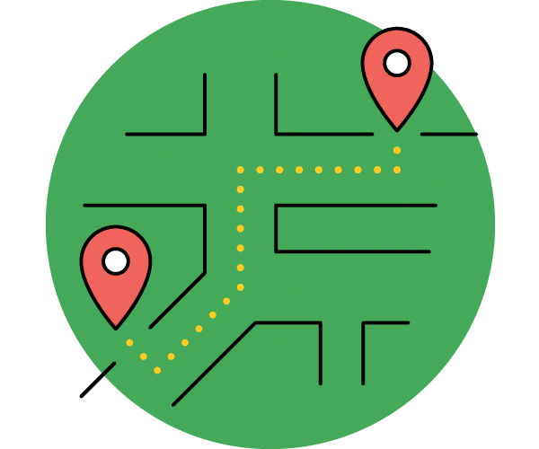 A simplified map icon with two red location pins connected by a dotted yellow path, all within a green circle, representing navigation or route planning.