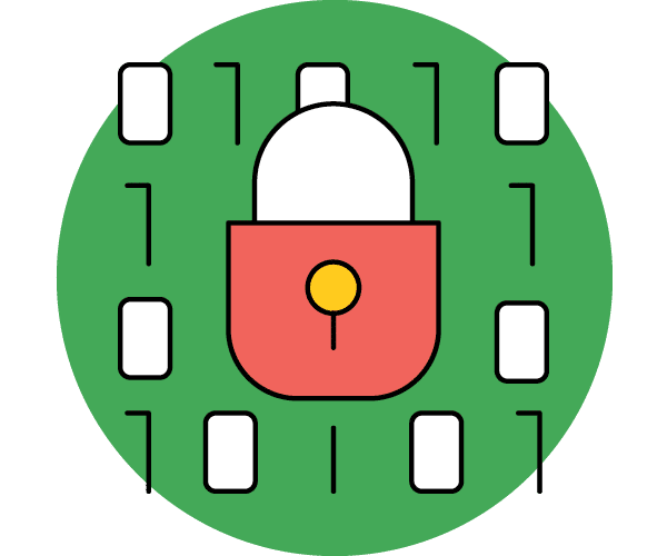Illustration of a red padlock centered on a green circle, surrounded by rectangular shapes representing a circuit or digital connections, symbolizing cybersecurity or data protection.