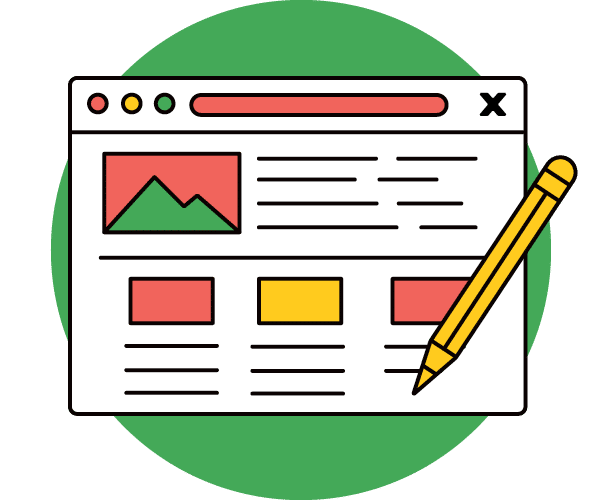 Illustration of a webpage with text blocks and images, overlapped by a large yellow pencil, all set against a green circle background.
