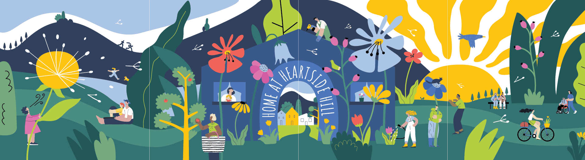 Illustrated landscape with mountains, trees, flowers, and the sun. People are gardening, biking, reading, playing music, and interacting in nature. A central arch reads Home at Heart Spotlett. Bright, cheerful colors throughout.