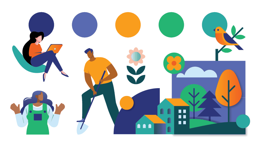 Illustration of a woman using a laptop, a man digging with a shovel, a girl with braided hair, flowers, a bird on a branch, and colorful houses set in a nature scene with trees and hills.