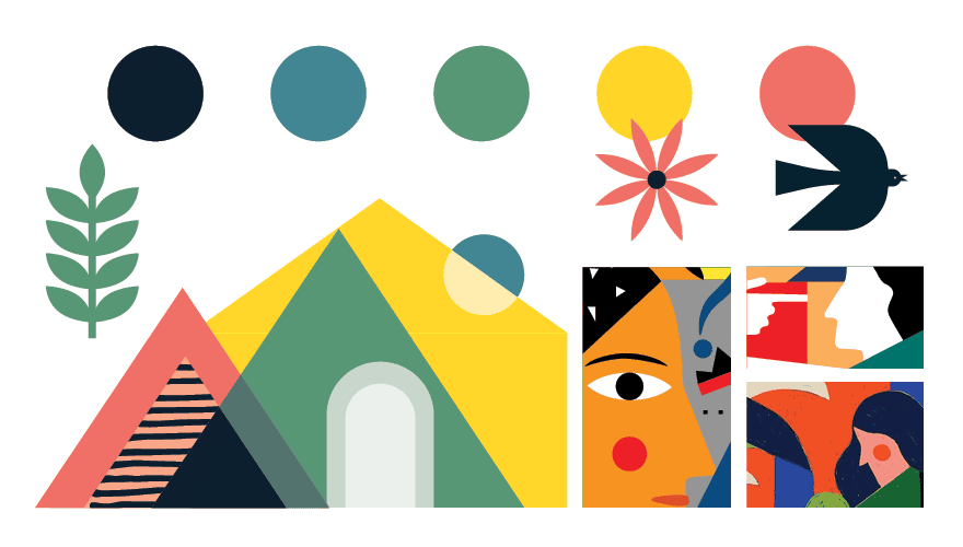 Colorful geometric illustration featuring a yellow house, a pink and orange triangle, circles, a leaf, a flower, a bird, and three abstract portraits in varied bold colors and shapes.
