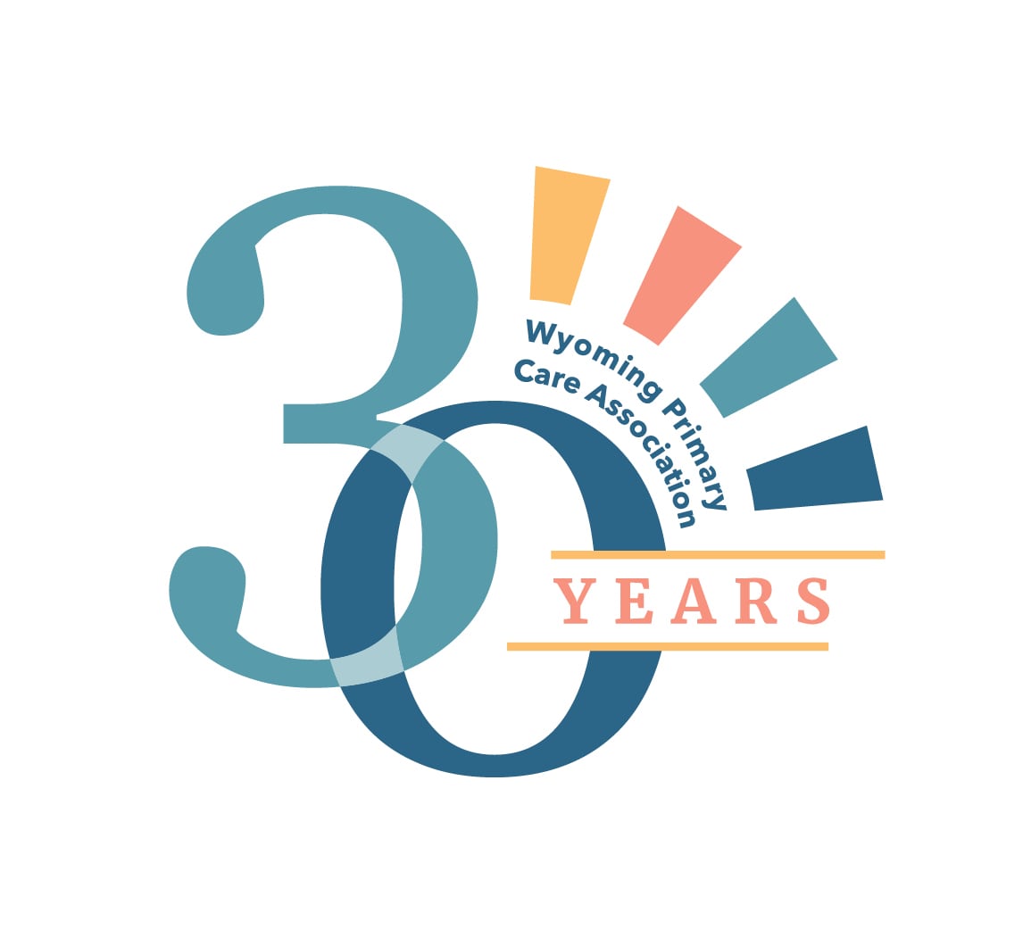 Logo with large overlapping numbers 30, colorful rays, and text reading Wyoming Primary Care Association 30 Years.