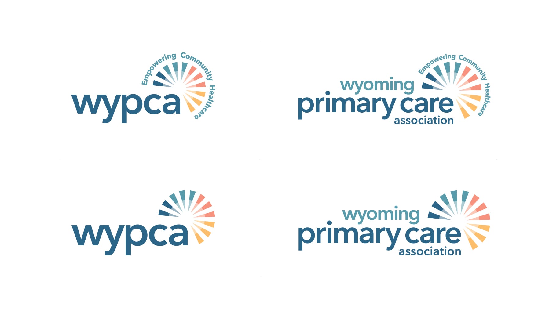 Image shows four versions of the Wyoming Primary Care Association (WyPCA) logo, featuring blue text and a multicolored sunburst icon. Some logos include the tagline: Empowering Communities, Enabling Health.