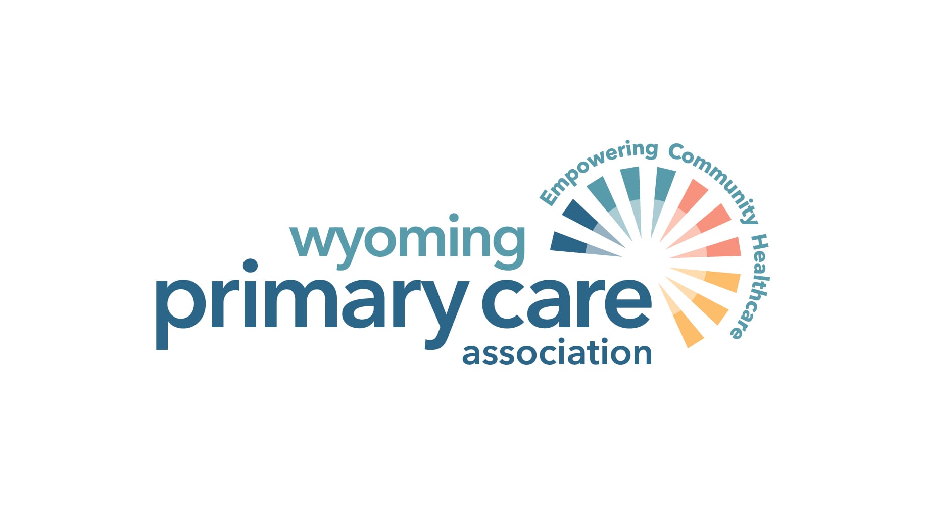 Logo for Wyoming Primary Care Association with the tagline Empowering Community Healthcare arranged in a circular arc with colorful segments. The text is in blue and the design includes orange, blue, and teal accents.