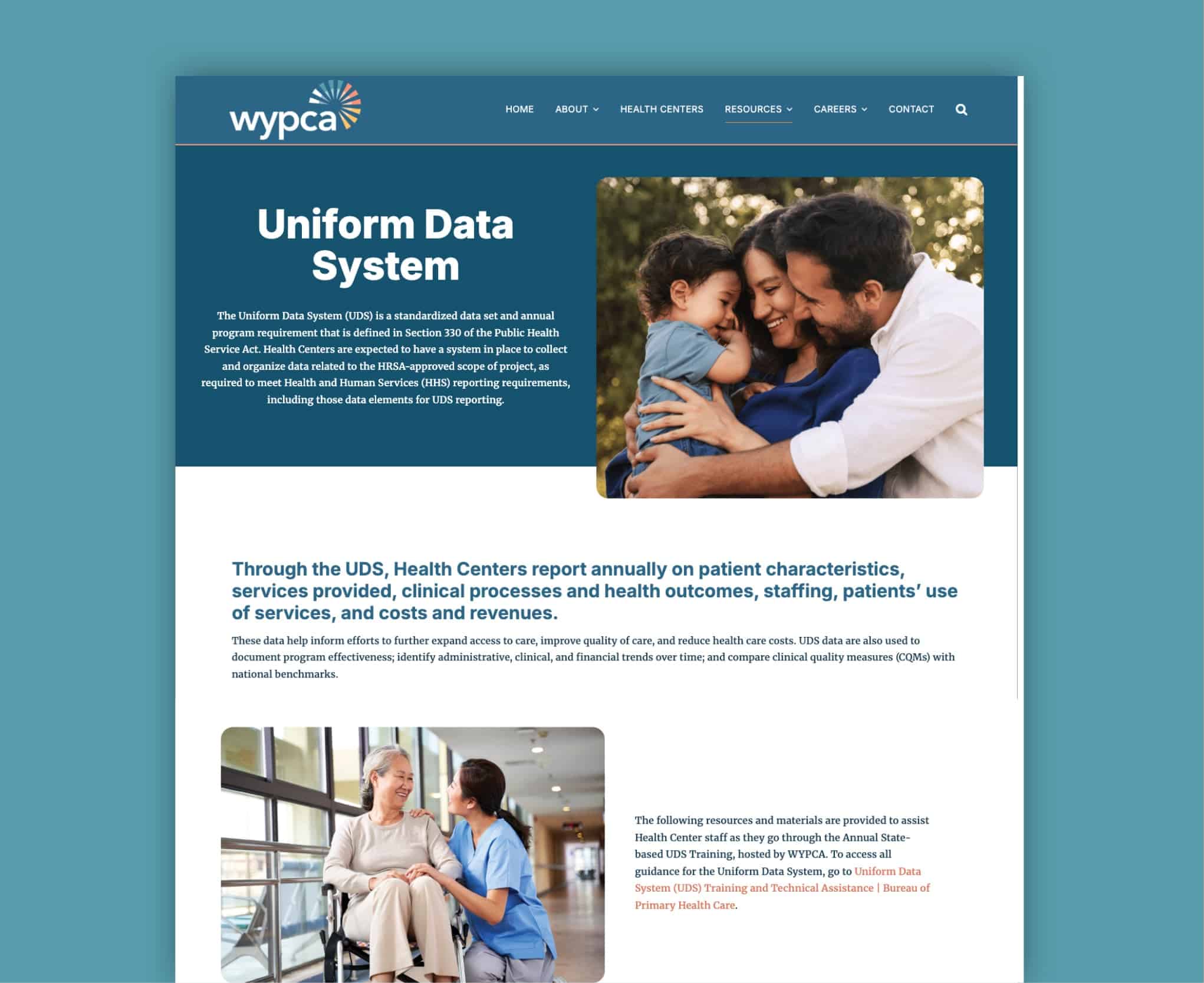 A webpage for the Uniform Data System features a family smiling together, two healthcare workers talking, and text explaining the UDS system and its role in health data reporting for health centers.