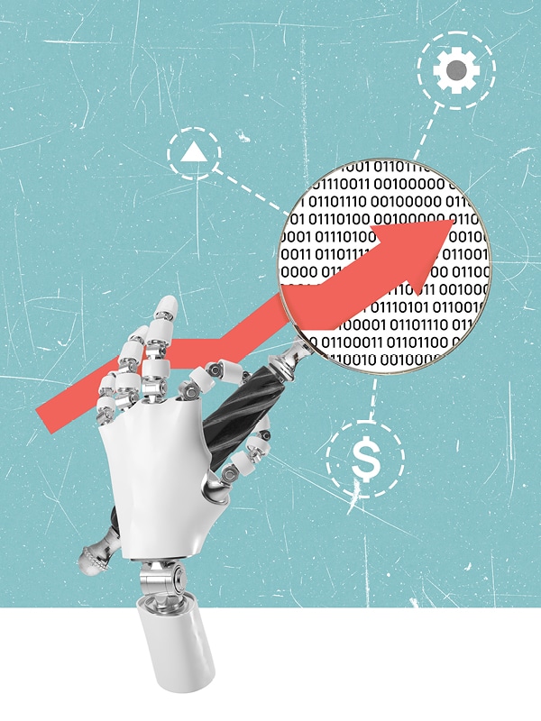 A robotic hand points upward toward a red arrow and binary code inside a magnifying glass, set against a blue background with icons representing technology and finance.