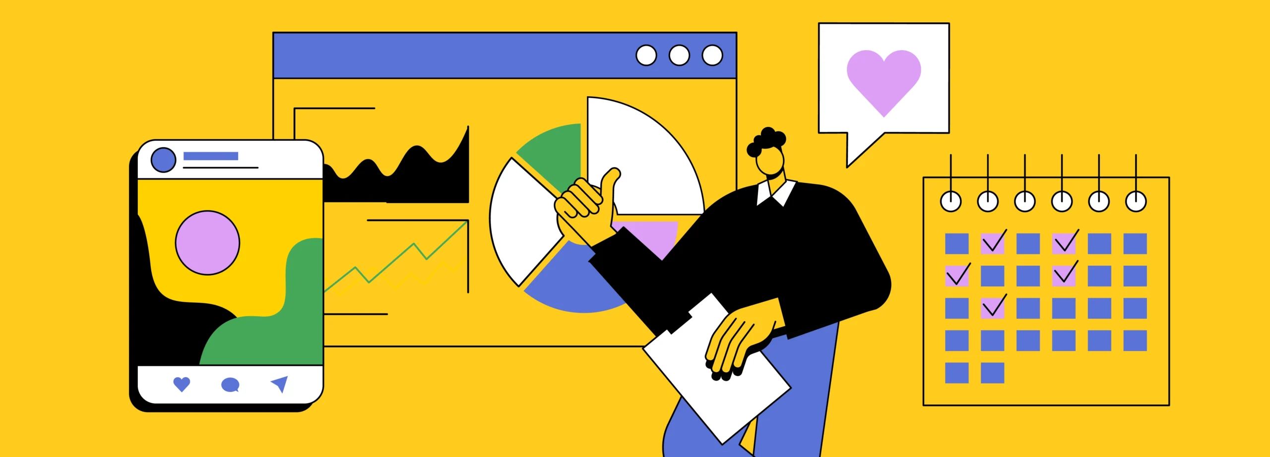 Illustration of a person giving thumbs up in front of charts, graphs, a calendar with check marks, a smartphone, and a speech bubble with a heart, on a yellow background.