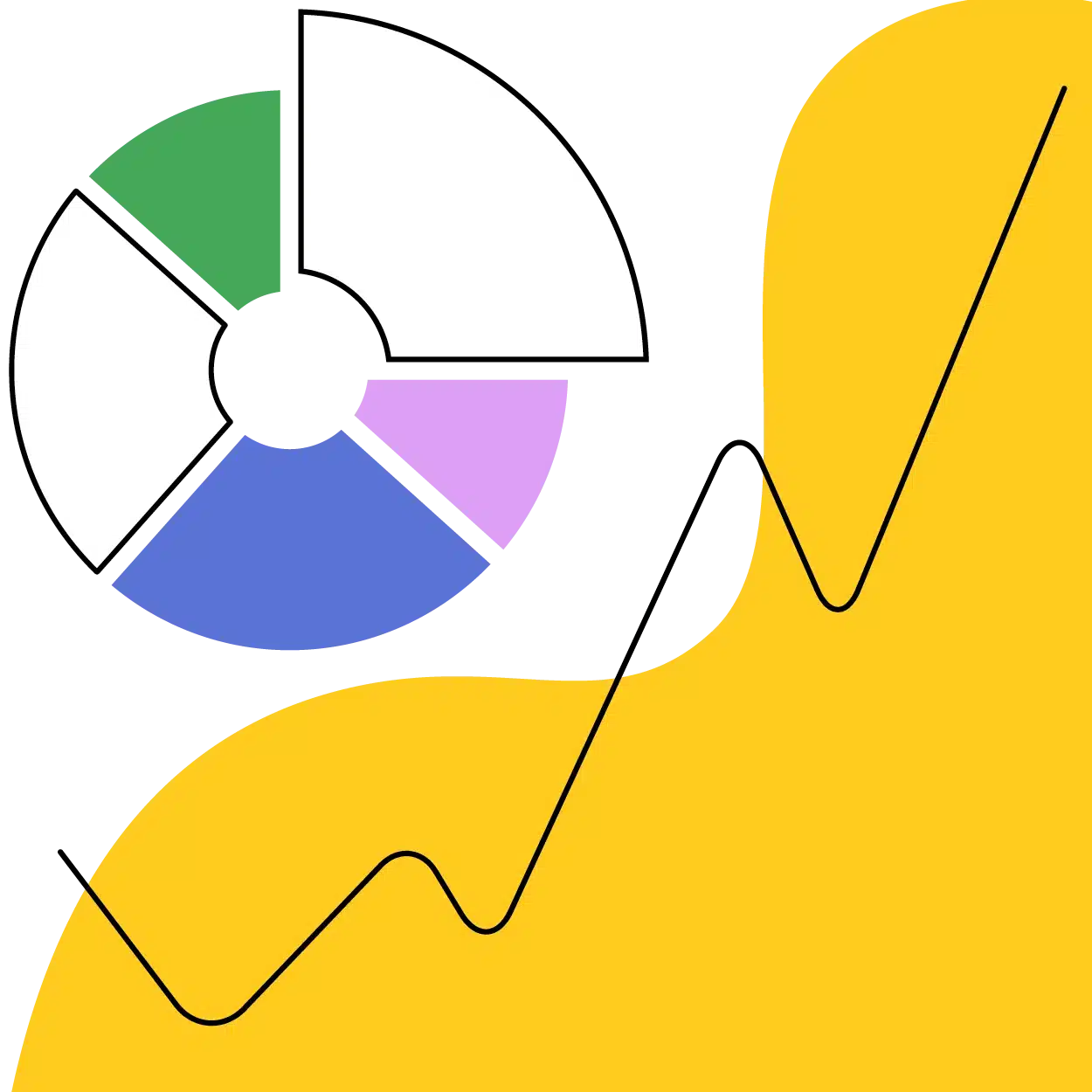 A colorful pie chart with green, white, purple, and blue segments appears next to a yellow area chart with a bold black line graph overlaying it, illustrating data visualization concepts.