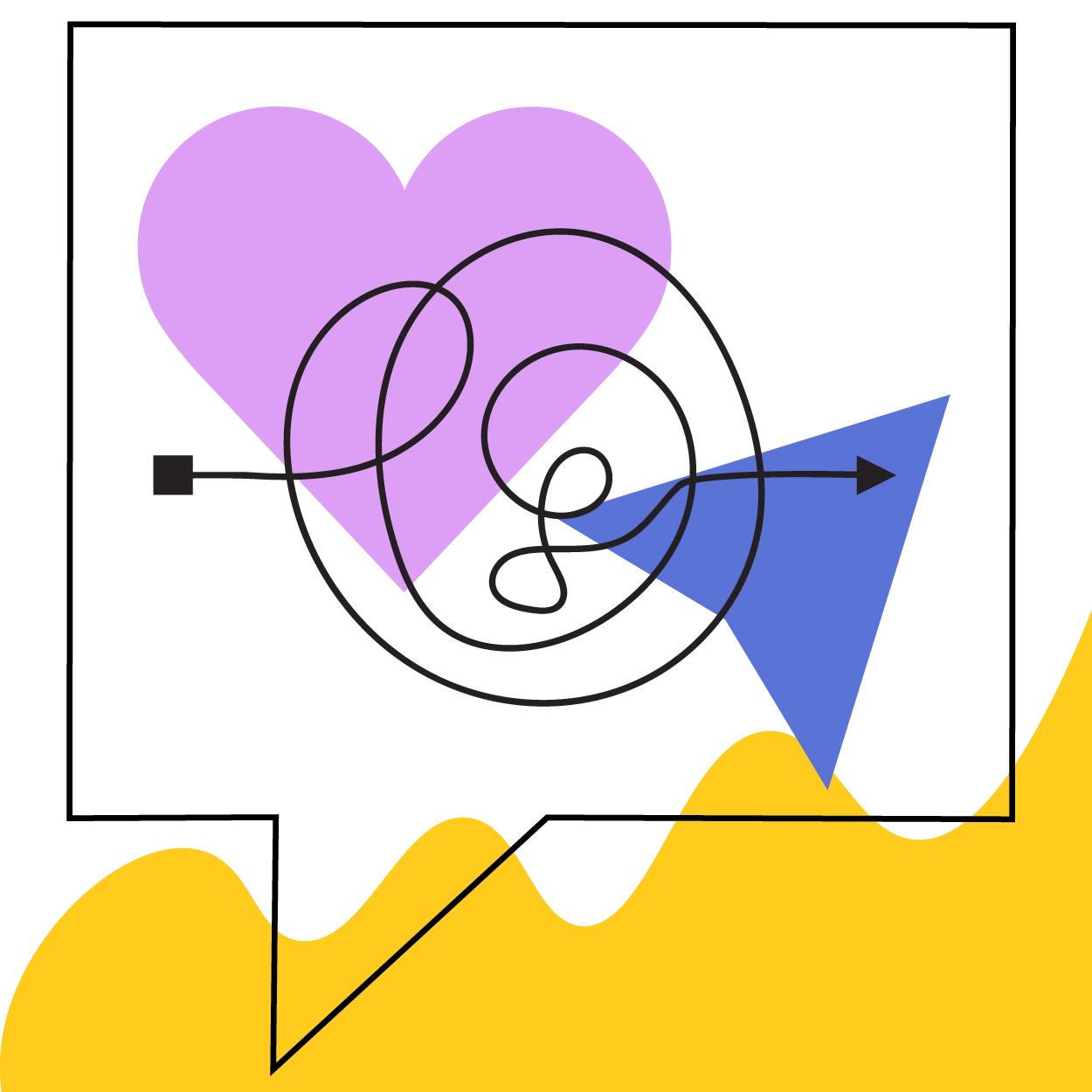 A speech bubble contains a purple heart, a blue triangle, and a tangled black arrow. The bottom of the image features a yellow wavy shape. The design is geometric and abstract.