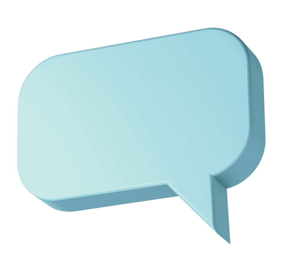 A 3D light blue speech bubble with a rectangular shape and a pointed tail at the bottom right, set against a plain white background.
