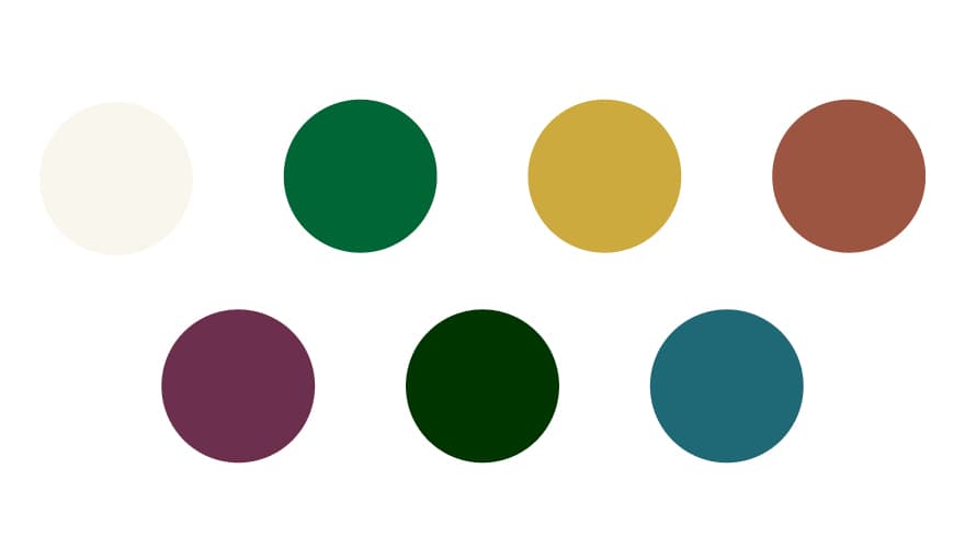 Seven solid color circles arranged in two rows. Top row: off-white, dark green, mustard yellow, and brown. Bottom row: deep purple, very dark green, and teal blue. The background is white.