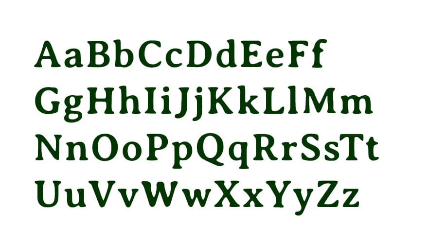 The image shows the English alphabet in both uppercase and lowercase letters, displayed in a serif typeface with a slightly playful, quirky style. The text is dark green on a white background.