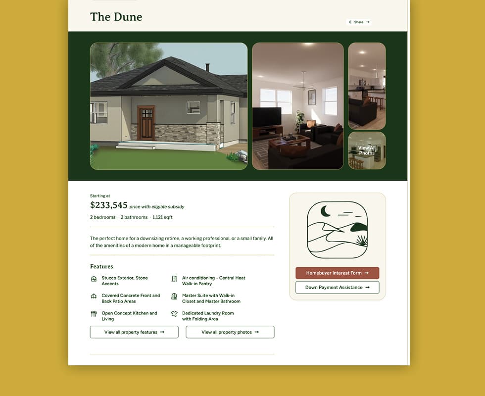 Screenshot of a property listing for The Dune showing an exterior illustration, two interior photos, and details such as price, 2 bedrooms, 2 bathrooms, 1,121 sq ft, and a features list with buttons for more info.