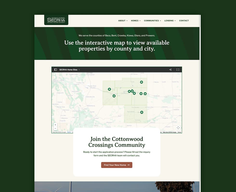 Screenshot of a website page showing an interactive map of property locations in Colorado counties, a menu at the top, and a highlighted section inviting users to join the Cottonwood Crossings Community.