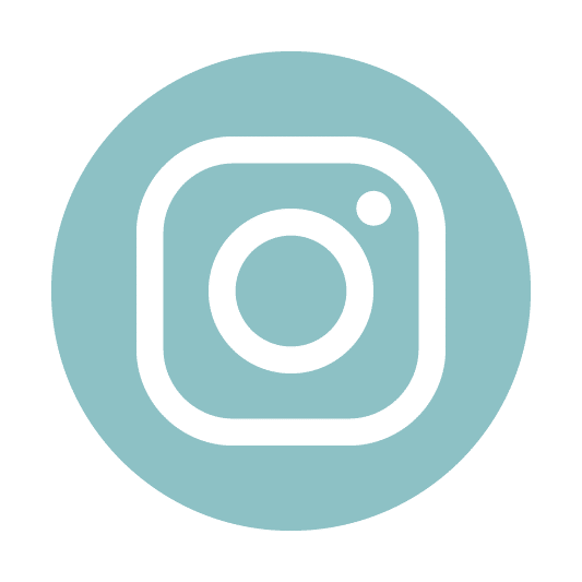A white Instagram logo with a camera icon inside a light blue-green circular background.