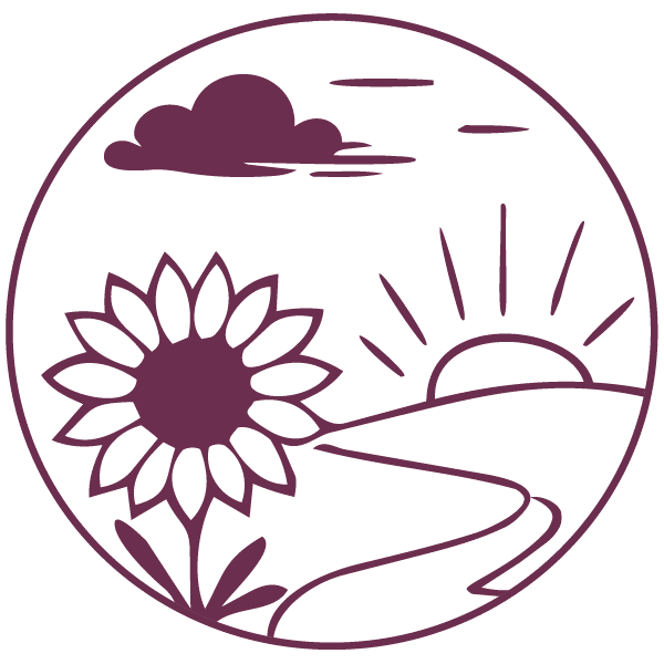 A circular line drawing of a sunflower, a winding path, hills, the sun rising, and clouds in the sky. The image is simple and uses only one color for the outlines and details.