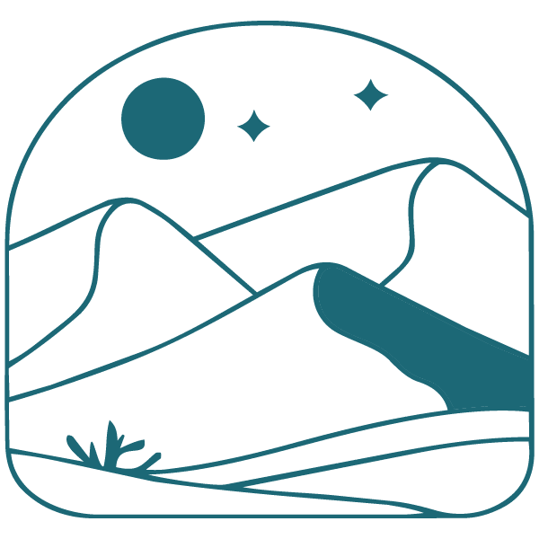 Minimalist line art of a desert landscape featuring rolling sand dunes, a few small plants, a dark sun, and two stars in the sky, all inside a rounded rectangular frame.