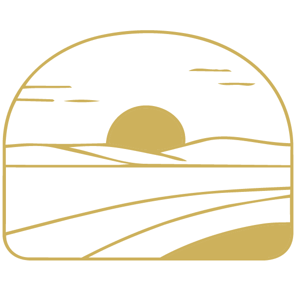 Minimalist illustration of a sunset or sunrise over gently rolling hills with a few clouds in the sky, outlined in gold against a light background.