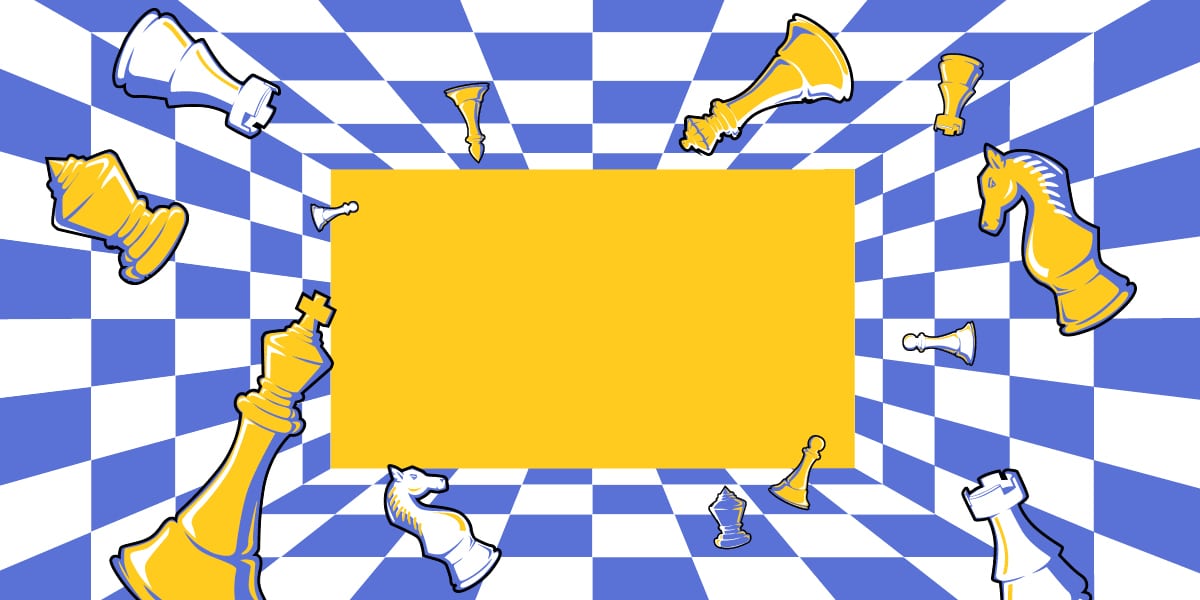Yellow and blue chess pieces floating around a central yellow rectangle against a blue and white checkered background.